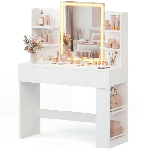 Image of YESHOMY 35.4 inch Vanity Desk with LED Mirror and Lights,Makeup Vanity with 2 Storgae Drawers, 2 Side Shelves, and Open Storage Shelves, 3 Color Modes, for Bedroom, Snow White