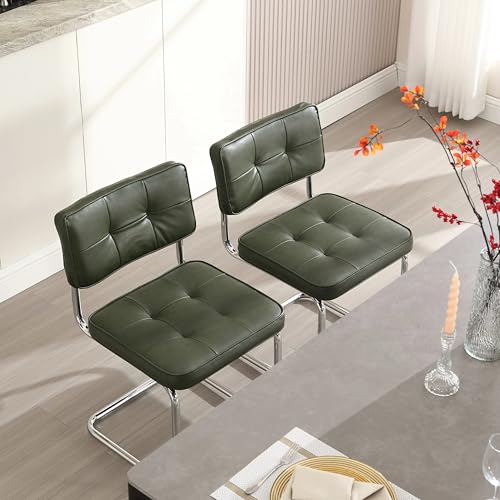 Zesthouse Faux Leather Dining Chairs Set of 2, Industrial Metal Chairs with Stainless Chrome Legs, Mid Century Modern Cesca Chair for Kitchen & Dining Living Room, Upholstered Armless Chair, Green - Thumbnail 6