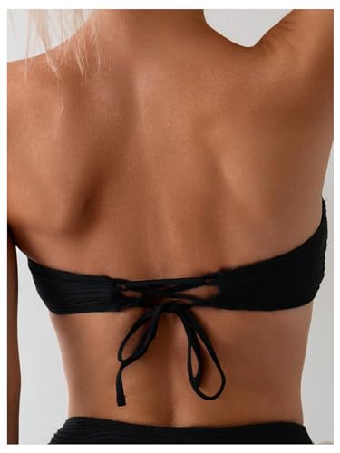 OYOANGLE Women's 2 Piece Strapless Bikini Sets 3D Floral Scallop Trim Tie Back Low Rise Bathing Suit Textured Swimsuits4