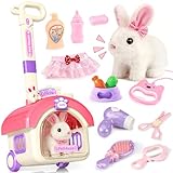 23Pcs Hopping Bunny Toy Set for Kids, Interactive Electric Walking Rabbit with Rolling Carrier House, Pretend Play Pet Care Grooming & Feeding Kit, Stuffed Animal Gift for Toddlers 3-5