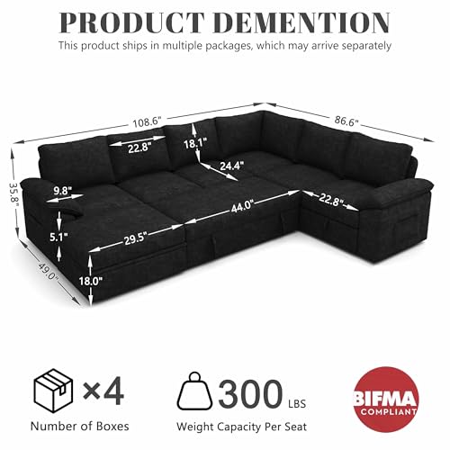 SUAWY 108 Inch Modular Sectional Sofa with Pull Out Bed, U Shaped 7 Seat Sectional Sleeper Sofa with Storage, Sectional Couches for Living Room,Cloud Modular Couch, Removable Sofa Cover, Black