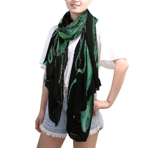 ALAZA Watercolor Green Kraken Black Chiffon Silk Long Scarf Shawl Wrap4