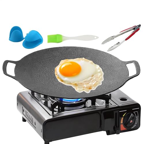 BBQ Grill Pan - Baking Frying Cast Iron Round Griddle Plate,Portable Cooking Tools with Handles for Induction, Stove Top, Electric Cooktop