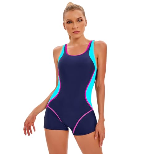 ODIZLI Maiô feminino com controle de barriga, peça única, modesto, juvenil, boyleg, Azul, G