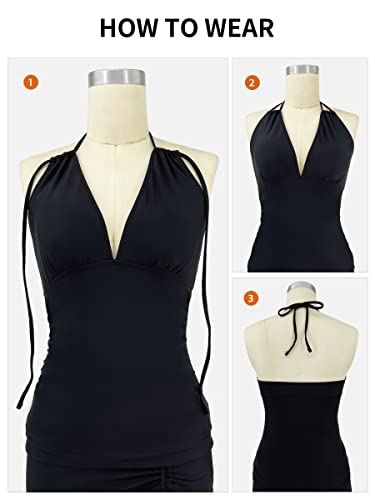 Superprity Flattering Tankini Bathing Suits With Bikini Bottom V Neck Halter Backless Slimming Swim Suits Women 3 Piece Tummy Control Swimwear-L,Blue White Stripe #TOP5