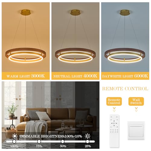 Image of LED 2 Ring Brass Gold Chandelier Dimmable Up Down Light Gold Walnut Wood