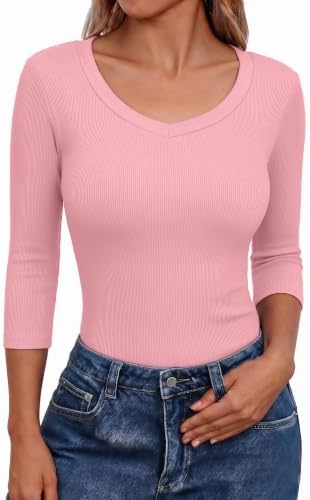 Aottori Tshirt Damen V-Ausschnitt 3/4 Arm Gerippt Oberteil Slim Fit Basic | Langarmshirt, Stretch Rippshirt, Einfarbig Top, Enge Passform, Dünn Pullover, Figurbetont T Shirts