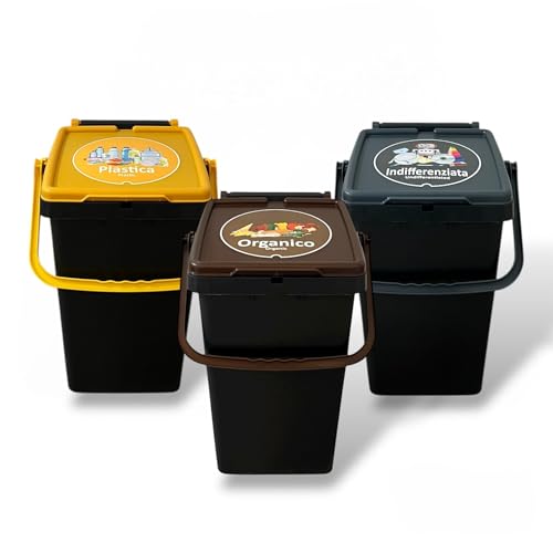 Generico Set da 3 pattumiere per raccolta differenziata 35L in plastica con etichetta IML,disponibili in diverse colori: Giallo, Vetro,Organico,indifferenziato,carta. (MARRONE-GIALLO-BLU, L 35)