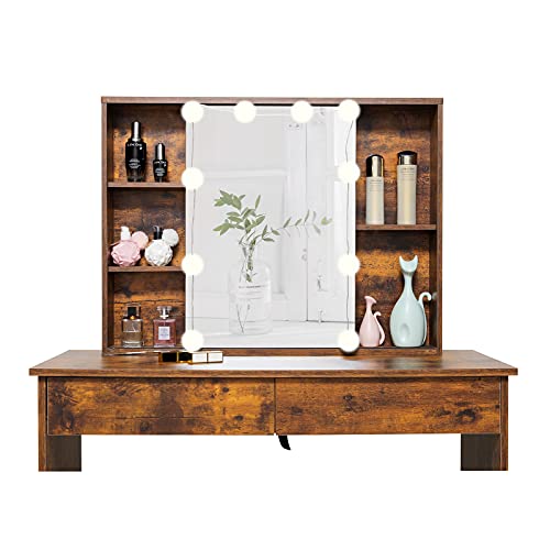 Usikey Makeup Vanity Table With Lighted Mirror, Vanity Desk With Sliding Mirror & 2 Drawers, 10 Led Lights, 3 Color Lighting Modes, Brightness Adjustable, Bedroom Vanity Table For Women, Girls, Brown #TOP2