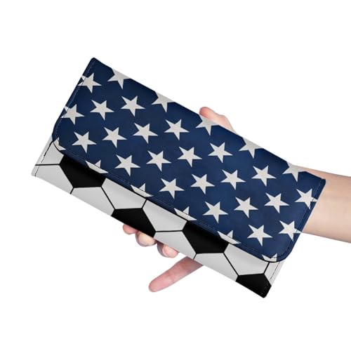 Image of AFPANQZ Womens Wallets Leather Trifold Multi Card Holder Slots Wallet, American Flag Football Elegant Clutch Phone Holder Trifold Purses Zip Coins Pocket, Buckle Closure Clutch