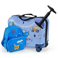 COSTWAY 2 PCS Kids Luggage Set, 4L Backpack + 17L Ride-on & Carry-on Hardshell Suitcase with Wheels and Height Adjustable Handle, Travel School Trolley Case for Boys Girls (Vehicle, Blue)