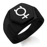 Tioneer Black IP Plated Stainless Steel Solar System Planetary Mercury Hexagon Crest Flat Top Biker Style Polished Ring, Size 10