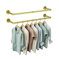 OROPY Industrial Pipe Clothes Rack Wall Mounted Set of 2, 38.4 inches Heavy Duty Iron Pipe Clothing Garment Rail, Multi-Purpose Clothing Hanging Rod for Laundry Room and Closet Storage, Gold