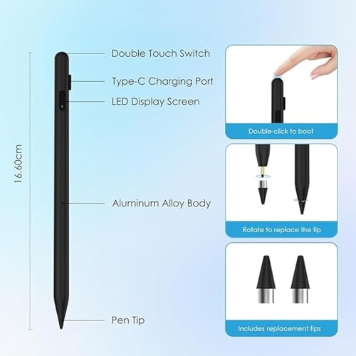 Image of Elfora Ipad Stylus Pen with | Palm Rejection | Power Display | Type C Charging | Compatible with iPad 2018 and Later iPad 6 /7 /8 /9 /10th Gen, Pro 11 & 12.9, Mini 6 /5, Air 5th /4th /3rd Gen- Black