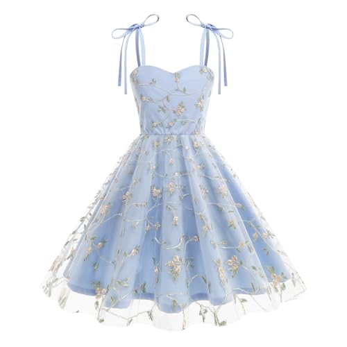 IDOPIP Embroidery Flower Girls Lace Dress for Kids Party Wedding Bridesmaid Communion Tulle Dresses Princess Pageant Birthday Formal Dance Prom Boho Floral Spaghetti Straps Gown Blue 7-8 Years