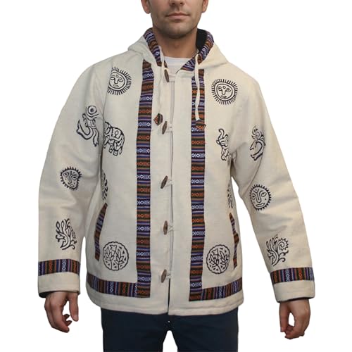 Agan Traders Mens Cotton Printed Fleece Lined Tibetan Hoodie Outwear Jacket