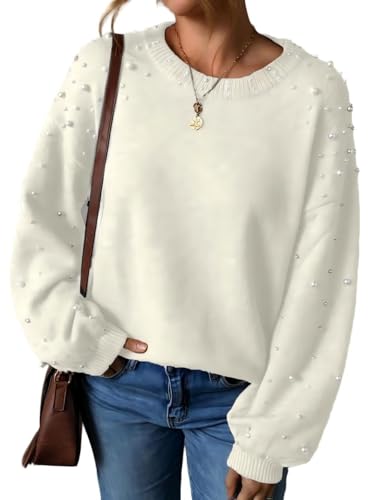 Image of Pearl Sweater for Women Lantern Sleeve Drop Shoulder Crewneck Sweatshirt Knit Chunky Pullover Sweaters with Pearls