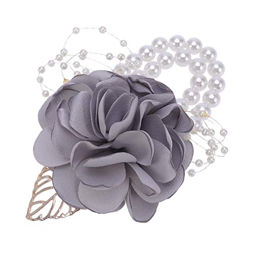 SUPVOX Light Grey Artificial Flower Wrist Corsage Pearl Bracelet for Bridesmaid Bride Wedding Prom Party Formal Events 2.75X2.75X4.72 Inch Elegant Bridal Wrist Flowers