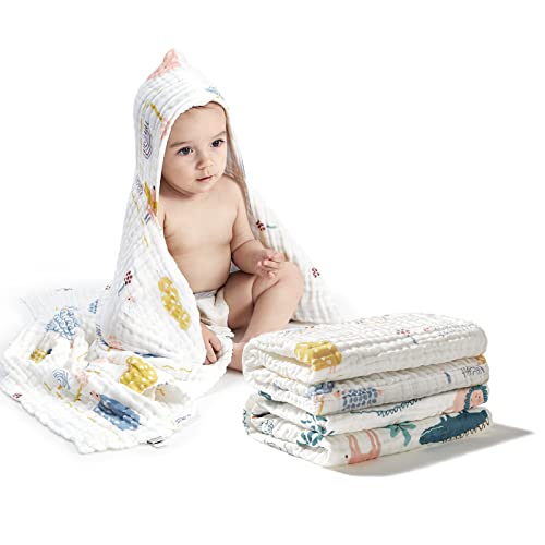 Image of bc babycare 2-Pack Muslin Baby Bath Towels, Hooded Baby Bath Towels, Soft Absorbent Baby Towels for Newborn Baby Boys Girls, 37.4 * 37.4 Inch