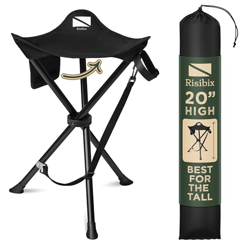 RISIBIX Foldable Tripod Stool - Ultra Portable Seat for Tall People, 20” High - Hunting Chair & Hidden Zippered Pocket - 2 lb Camping Stool, 3 Legged Strong Steel Stool Holds up to 200 lb (Black)
