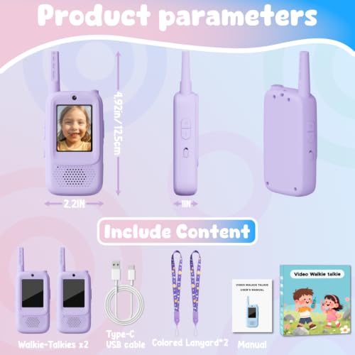 Image of Video Walkie Talkies for Kids, 2 Pack Rechargeable Handheld Video Intercom Kids Walkies Talkies, Indoor Outdoor Toys for Family Games, Outside, Camping, Hiking for Boys Girls Ages 3-12 (Purple)