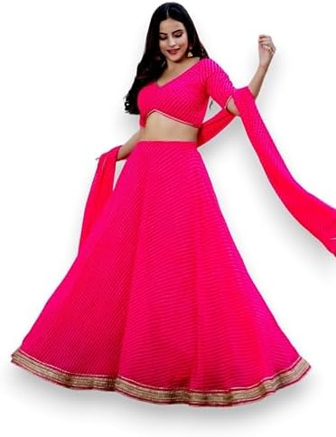 Zeel Clothing Women's Leheriya Print Pure Georgette New Semi Stitched Lehenga Choli With Dupatta (Latest-Stylish-Wedding-Designer-New)