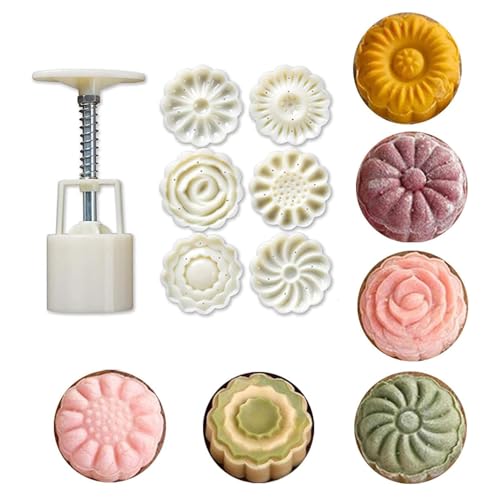 YANGWEN Mooncake Mould 50g with 6 Flower Stamps, 3D Round Mooncake Press Mold Set for DIY Mid-Autumn Festival Baking - Cookie & Pastry Maker Tool for Traditional Chinese Desserts