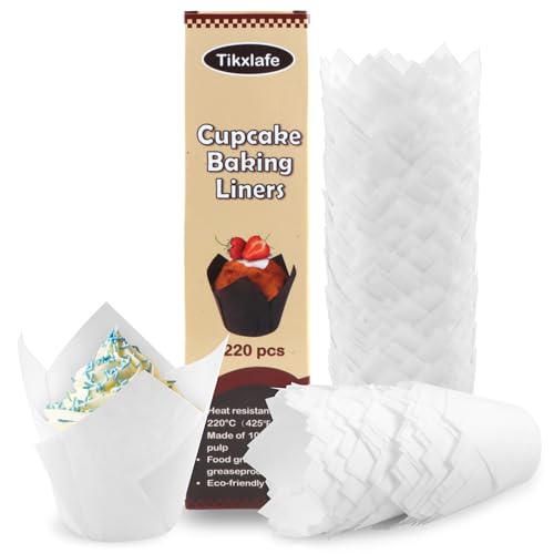 220pcs Tulip Cupcake Liners for Baking Cups,Greaseproof Cupcake Wrappers in Standard Size,Parchment paper Tulip Muffin Liners,White