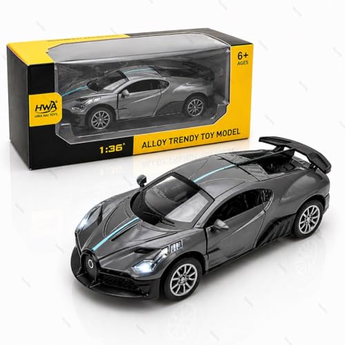 Image of 1:36 Scale Bugatti Die-Cast Toy Car - Pull Back Metal Model with Openable Doors, LED Lights & Music - Alloy Mini Car Gift for Kids, Boys & Collectors 【Grey】
