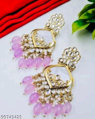 Image of Traditional 20K Gold Plated Kundan Chandbali Earrings with Black Beads and Faux Pearls for Women - Ethnic Wedding & Partyy Wear Statement Jewelry