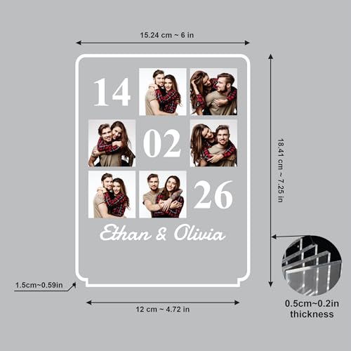 Image of Giftplease Customized Acrylic LED Photo Plaque with Wooden Base | Personalized Anniversary & Valentine's Day Gift | 6-Photo Collage Night Light with Special Date & Names | Warm Glow Home Decor