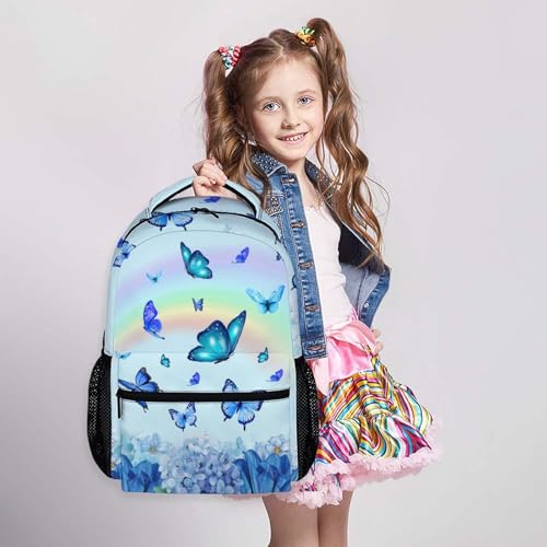 Girls Backpack Kids Butterfly Bookbag Back to School Supplies, 17 Inch Kindergarten Elementary Middle School Bag Girl Age 6-8 (Blue)2