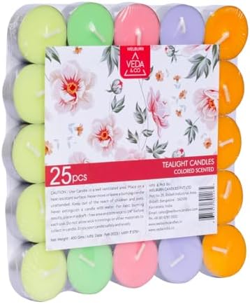 Welburn Veda&Co® Colored Tealight Candles for Home Decor, Offices,Parties,Dining & Special Occasions | Pack of 25-Scented | 100% Fully Refined Paraffin Wax & Smokeless | Burning Time 4 Hours