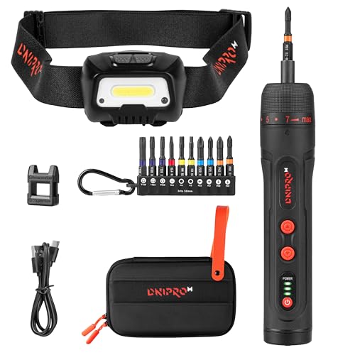 DNIPRO-M Kit Destornillador Eléctrico Inalámbrico 3.6V + Linterna Frontal LED 300 lm – 4,5Nm / 10Nm Manual, USB-C, 320 RPM, 2000mAh, 10 Puntas, Sensor Movimiento, Estuche – CSD-40X + FX-5