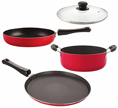 Image of Nirlon 3 Layer Non-Stick Coated Dishwasher Safe Kitchen Utensil Combo Gift Set, 4 Pieces (Flat Tawa|Fry Pan|Casserole|1 Glass Lid)-32mm FT10 FP10 CS12 1GLID