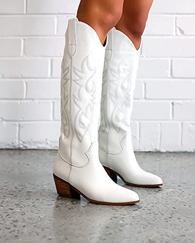 Richealnana Knee High Boots Western Cowboy Boots For Women Wide Calf Embroidered Pointed Toe Block Heel Pull-On Cowgirl Boots White Size 8 #TOP1