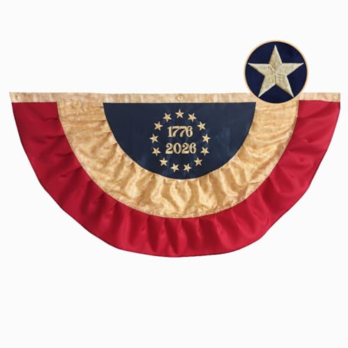 JRED 250 Anniversary American Bunting Flags 3x6 FT 1776-2026 Tea-Stained Betsy Ross 13 Stars USA Pleated Fan Flags Vintage Embroidered Stars 4th of July Decorations Banner