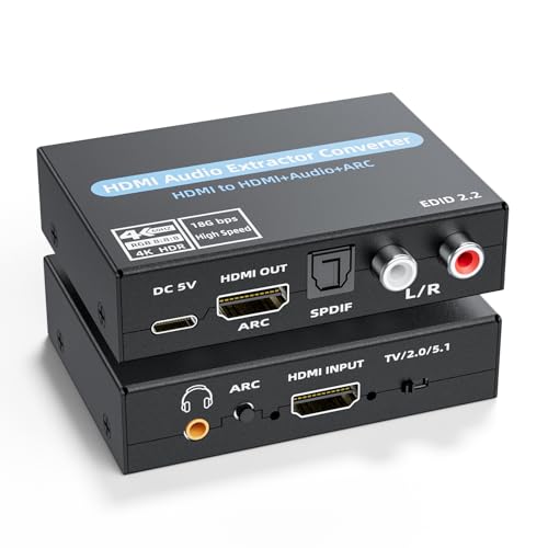 Image of HDMI Audio Extractor Converter, 4K@60Hz Audio Adapter with Optical SPDIF + 3.5mm Stereo + Analog RCA L /R Audio Adapter, HDMI ARC Converter Supports 5.1 HDCP 2.2 HDR 18Gbps, for PS5 Xbox HDTV