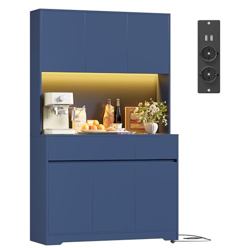 FirFurd Alacena Cocina Grande, Muebles de Cocina, Armario Cocinas Almacenaje, Mueble Almacenaje, con Iluminacion LED, Regleta, Encimera para Microondas, 2 Cajones, 6 Puertas, (Azul)