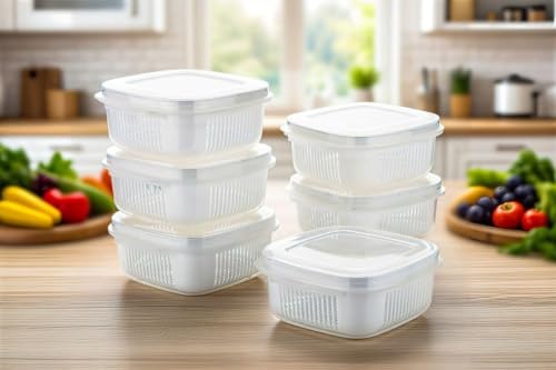 Image of VOLCANO Fridge Storage Containers, Fridge Organizer with Removable Drain Plate & Secure-Sealing Lids, Fridge Storage Boxes Keep Fruits, Vegetables Fresher, Container Box (Pack of 2 Food Storage Box)