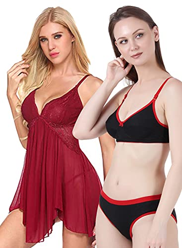 Image of Love Maker Lace Net Stylish Women Nightwear with Cotton Bra Panty Set for Women, Non Padded Bra Panty Set for Women & Night Wear Honeymoon Nighty for Women.