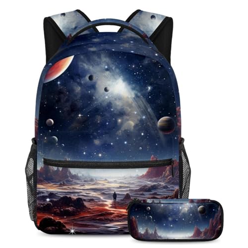 Sac à dos pour garçons et filles Galactic Space avec trousse à crayons