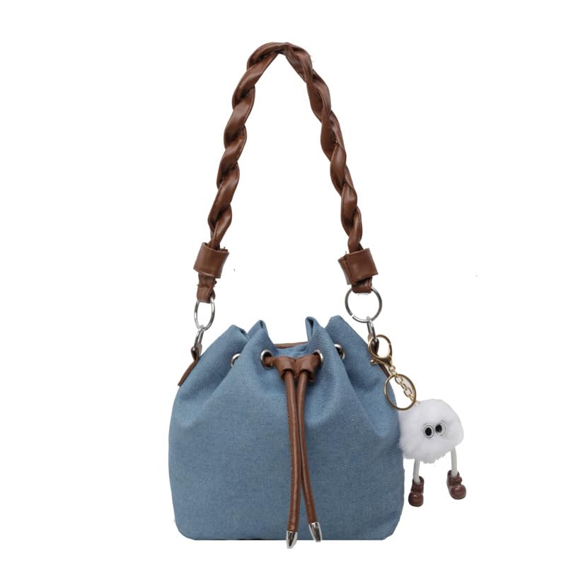 FUNSEED Crossbody Bag for Women, Casual Denim Drawstring Tote Shoulder Bucket Bag with Charms