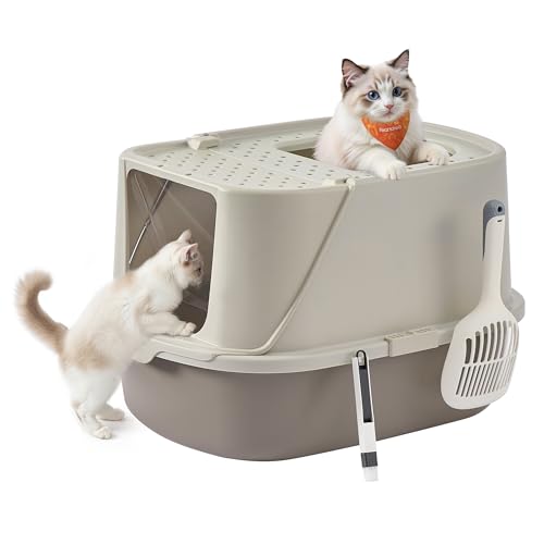 Feandrea Katzenklo groß XXL, Katzentoilette mit Deckel, mit Schaufel und Bürste, für Katzen bis 15 kg, haferflockenfarben-warmgrau PPT011LH01