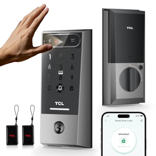 TCL D2 Pro Smart Lock, Palm Vein Recognition Keyless Entry with Built-in Doorbell, App Control, Auto Lock, Rechargeable Battery, for Home Security