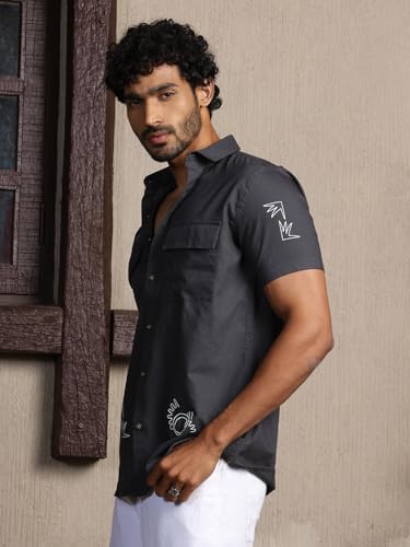 Image of Thomas Scott Men's | Embroidered Printed | Half Sleeve | Regular Fit | 100% Cotton | Double Pocket | Spread Collar | Casual Shirt