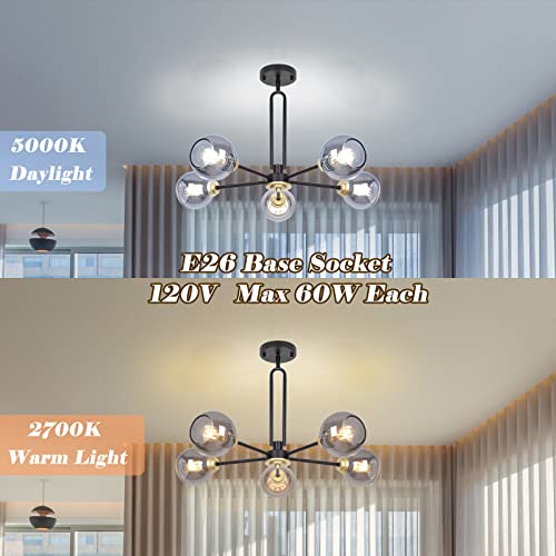 5-Light Globe Chandelier Pendant Lighting - Modern Large Semi-Flush Ceiling Light Fixture With Smoked Glass, Black Dining Room Light Fixture, Sputnik Light Fixture For Kitchen Living Room Bedroom #TOP5