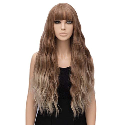 Netgo Blonde Ombre Wigs with Bangs, Strawberry Blonde Ombre Light Blonde Wigs, Long Curly Wavy Hair Wig for Women, Heat Resistant Synthetic Daily Party Wigs