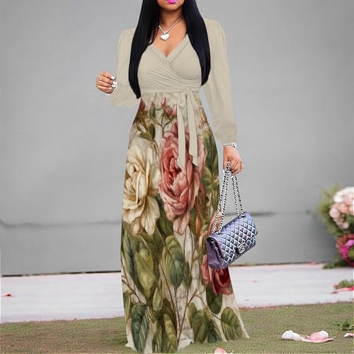 Image of Women's Plus Size Maxi Dresses Long Sleeves V Neck Floral Print Bohemian Swing Long Dress with Belt