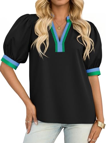 Tankaneo Womens Color Block Puff Sleeve Tops Dressy Casual V Neck Cotton Blouses Summer Loose Fit Tees Shirts